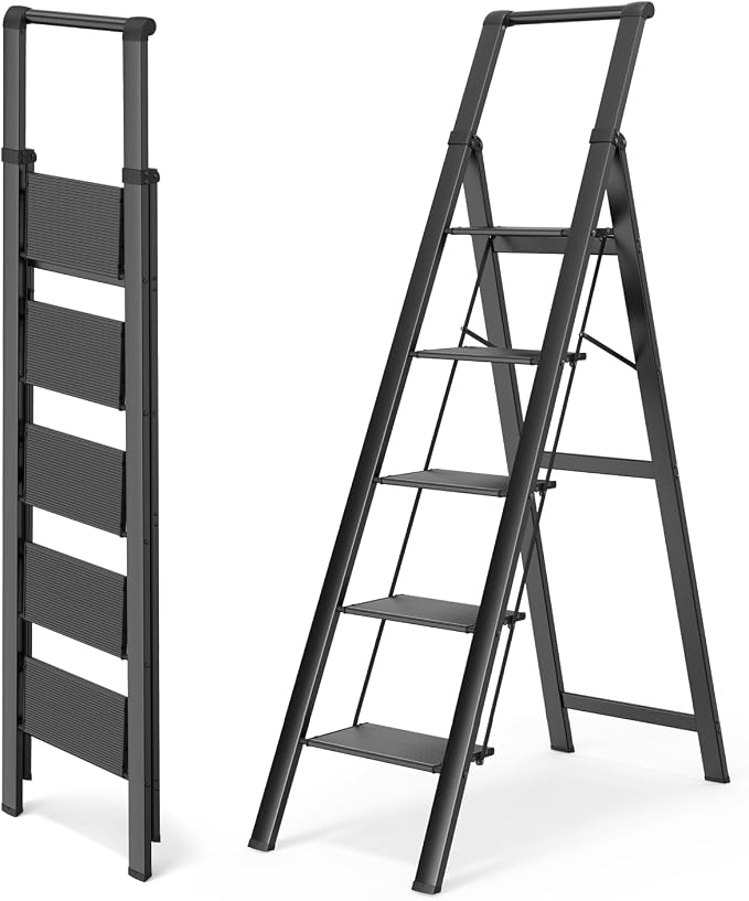 WOA WOA 5 Step Ladder, Ladders for Home, Anti-Slip Pedals, Step Stool Foldable, Lightweight to Move, Ease of Storage, Reach 10ft for Closet Kitchen Library, Hold 300lbs - Black