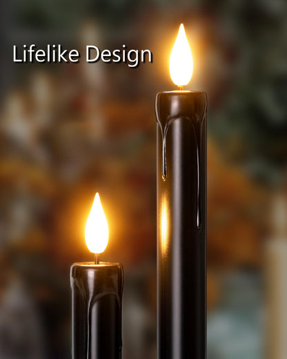 Homemory Black Flameless Taper Candles Flickering, NO Remote, 9.6 Inches Battery Operated, 6 Pcs Realistic Electric LED Candlesticks Made of Plastic for Halloween Party Home Decor