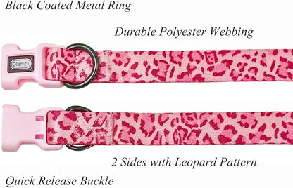 Dog Collar Leash Set, Leopard Pattern, Polyester Material, Adjustable Collar and 5ft Matching Leash, for Puppy Dogs.(XS, Pink Leopard)