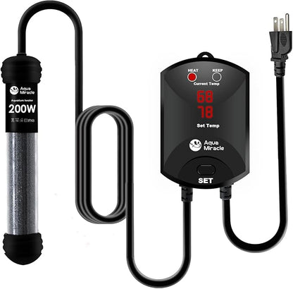 AquaMiracle Upgraded 200W Aquarium Heater Fish Tank Heater Turtle Heater Super Compact Aquarium Heater, Dry-Run/Overheating Protection and Memory Function, Dual LED Display, for 20-40 Gal Tanks
