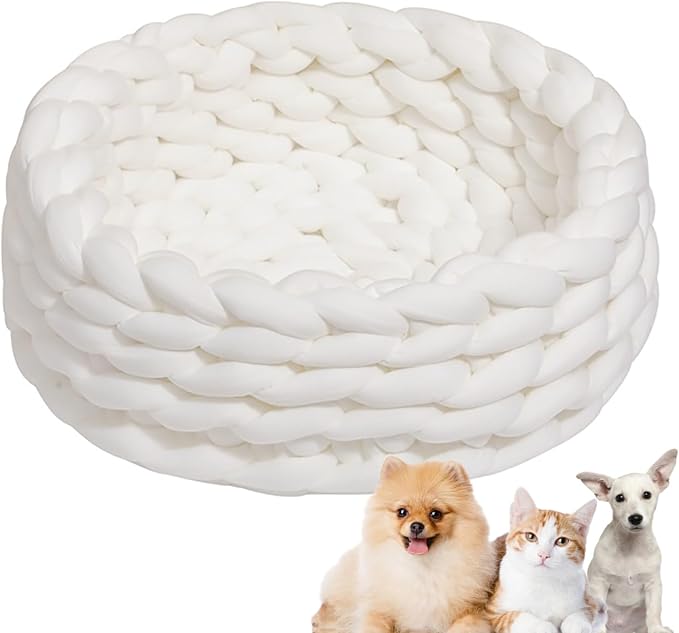 Woven Dog Bed Basket, Knitted Cotton Cat Bed Round Washable Woven Cat Pet Bed Chunky Dog Basket, Orthopedic, Chunky Knit Dog Nest,Dog Bed,Dog Cave,Dog Bedding(White,23")