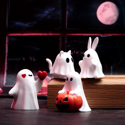 jaming 4PCS Ghost Halloween Desk Decor Mini Figurines,Adorably Spooky Pumpkin Ghosts Home Tabletop Shelf Decorations,Display Statues Party Favors Gift