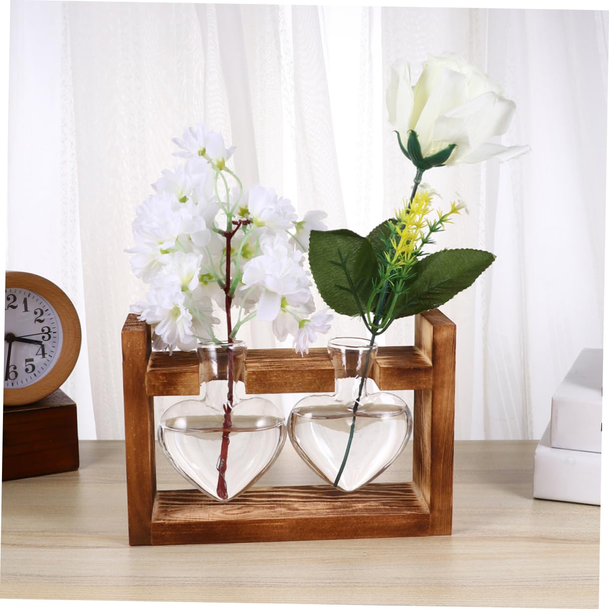 PRETYZOOM 2Pcs Retro Heart Shaped Hydroponics Planter with Wooden Rack Glass Vases for Flower Arrangement and Green Plant Propagation Temperature Resistant Decorative Terrarium for Home
