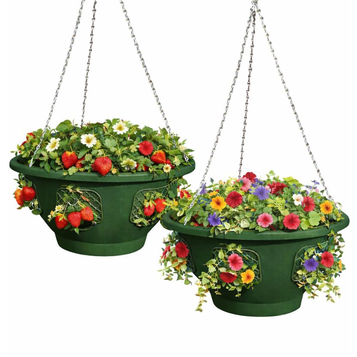smart spring Ultimate Hanging Basket Strawberry & Flower Planter – 6 Side Planting Spaces, Drainage Hole, 1” Water Reservoir, Zinc-Plated Chain Included, Made in the USA (Deep Forest)