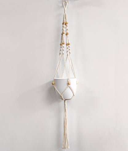 2 Pack Macrame Plant Hanger with Lights Indoor Hanging Planter Basket with Wood Beads Flower Pot Holder Handwoven Cotton Rope Tassels for Boho Home Window Decor 43.5 Inch, Ivory (POTS NOT Included)