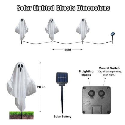 Solar Powered Halloween Decorations, 3 Pack Light Up Ghost Outdoor Path Pathway Kit Walkway Driveway Warm White Led Lights Solar Power Scary Yard Stakes Garden Lawn Decor
