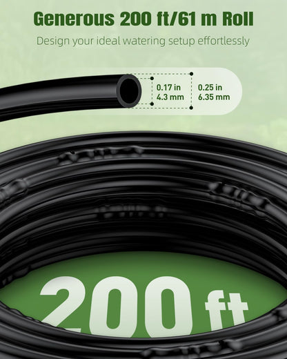 Pawfly 200 ft. 1/4" PE Irrigation Dripline Tubing, Black Polyethylene Distribution Line, Quick-Connect Compatible Drip Hose for Small Garden & Potted Plants