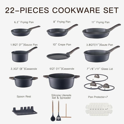 USELUCK Pots and Pans Set Nonstick 22 Pcs, Ceramic cookware set Non-Toxic CoatingGray Granite Kitchen Cookware Set, Induction Kitchen Cooking Set w/Frying Pans & Glass Lids, PFOS & PFOA Free