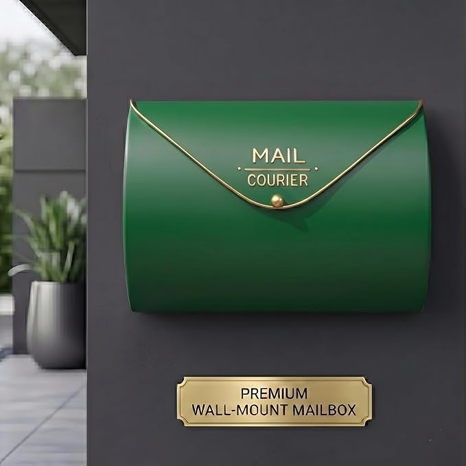 Green Wall Mount Mailbox for Outside,Waterproof Metal Mailboxes with Rust-Proof Galvanized Steel,Large Capacity Envelope Mailbox for House,12.99 x 10.35 x 3.5 Inch