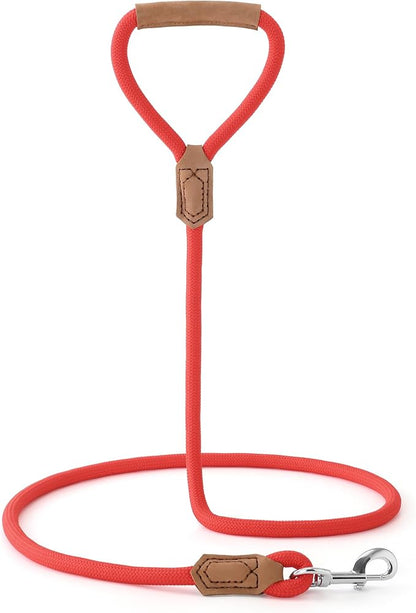Mile High Life Leather Dog Leash, Heavy Duty Strong Genuine Leather Handle Rope Leash Soft and Comfortable for Small Medium Large Dogs (Red, 72 Inch)