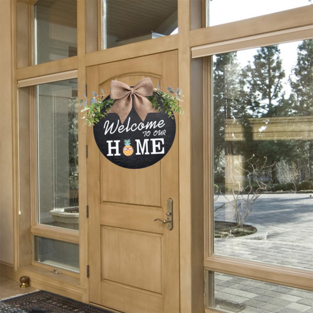 Welcome Wreaths Sign Wreaths Interchangeable Wooden Seasonal Welcome Sign Welcome to Our Home Wreath with Burlap Bow, Greenery and Seasonal Ornaments 12" Decrations for All Seasons