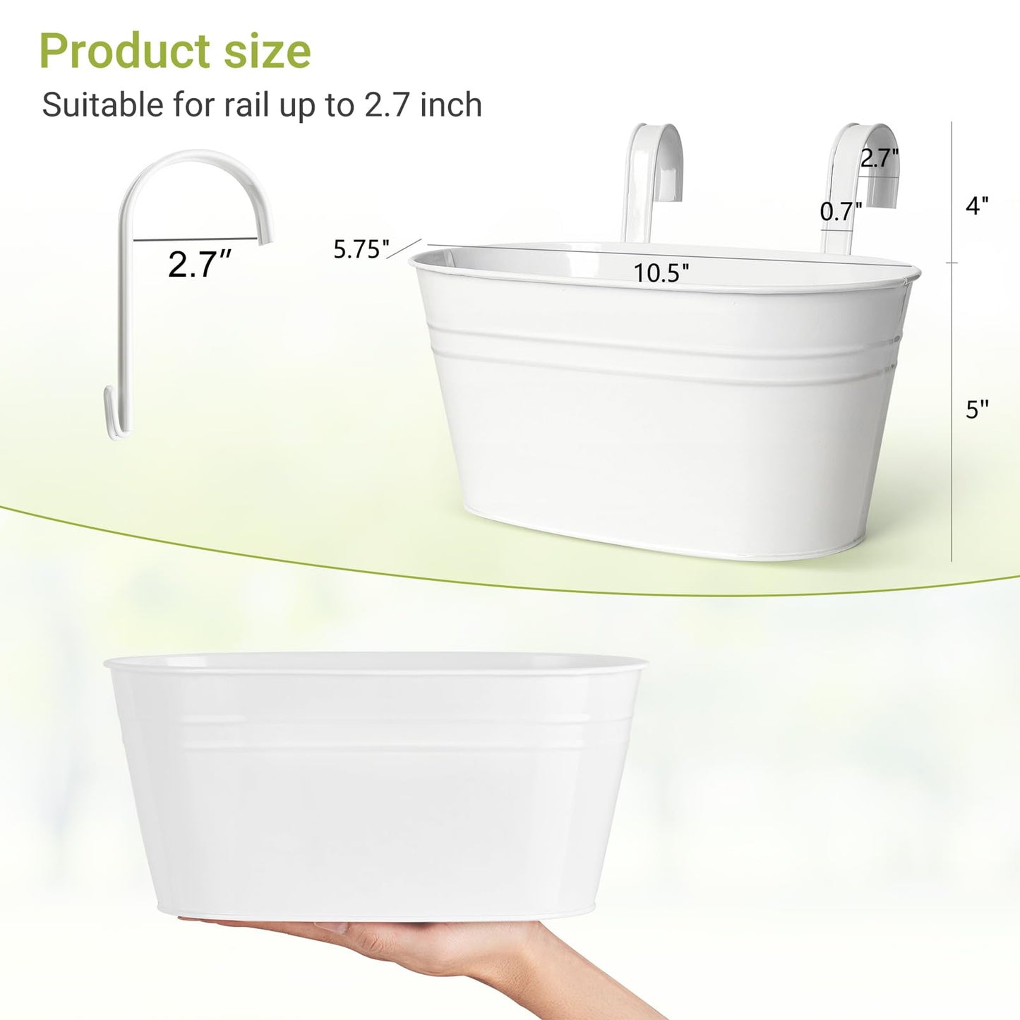 Dahey 10.5 Inch Metal Iron Hanging Flower Pots for Railing Fence Hanging Bucket Pots Countryside Style Outdoor Planter Window Flower Plant Holder with Detachable Hooks Home Decor,White,4 Pcs