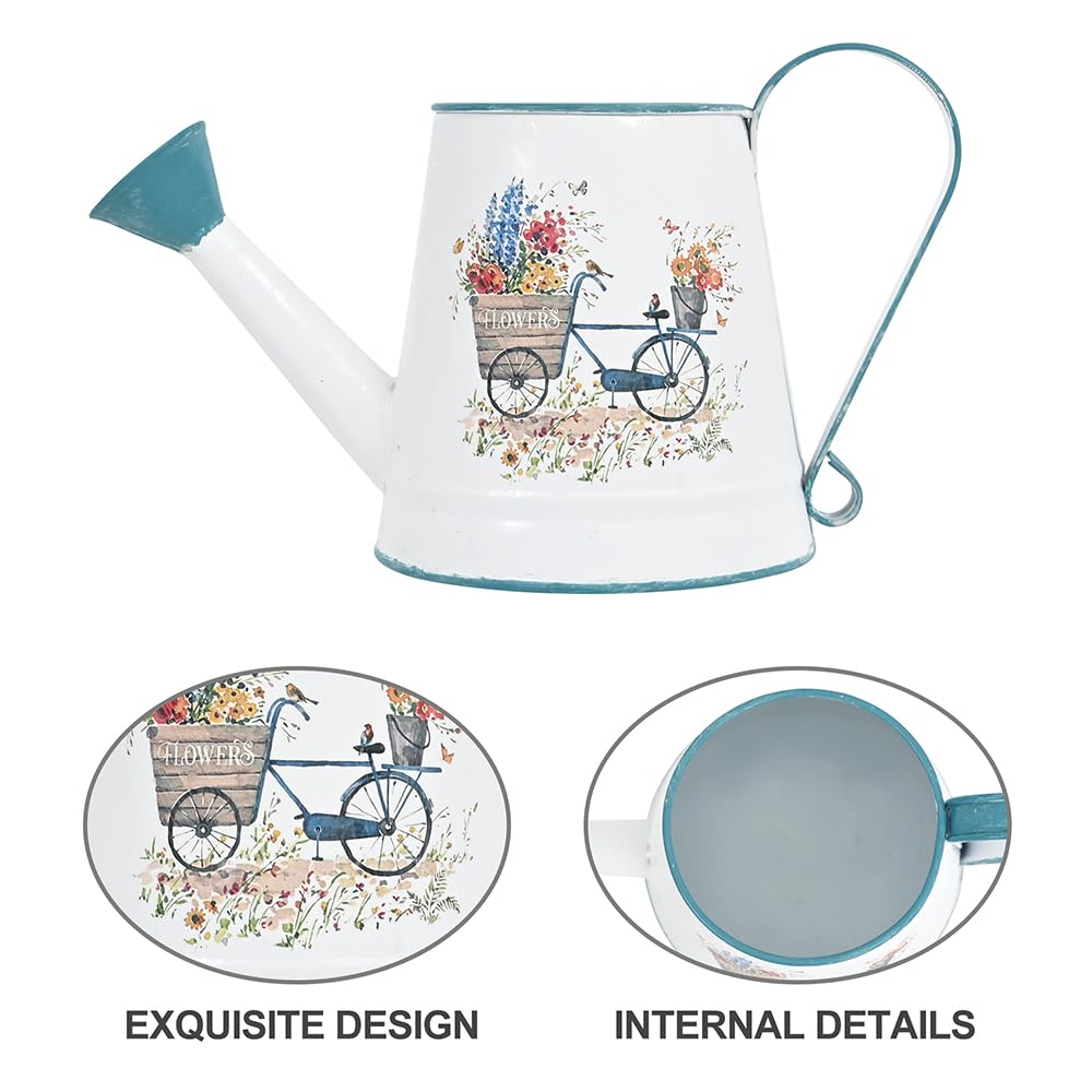 Zokyntrix Small Watering Can for Indoor Plants Garden Metal Decorative Watering Can Outdoor Bonsai Balcony Courtyard Garden Flower Decorative, 1.5L, 50.7 Oz (White Blue)