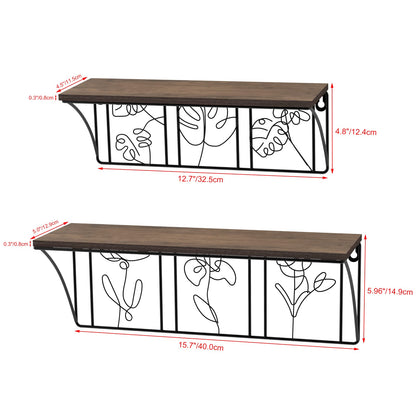 QUTREY Plant Wall Art Floating Shelves Set of 2, Minimalist Metal Abstract Decor Rustic Wooden Shelf for Living Room, Bedroom, Bathroom