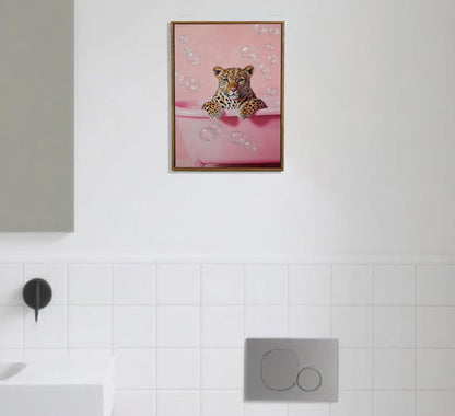 Framed Cheetah Bathroom Wall Art Pink Leopard in Bathtub Canvas Poster Funny Leopard Bathroom Print Maximalist Art Painting Trendy Bath bubbles Wall Decor Ready To Hang