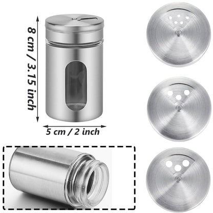 Aiareozy 6 Pack Salt and Pepper Shakers, 80ml Spice Jars with Shaker lids, Salt Shakers Glass with Adjustable Pour Holes, Stainless Steel Seasoning Containers, Spice Bottles Glass for Kitchen