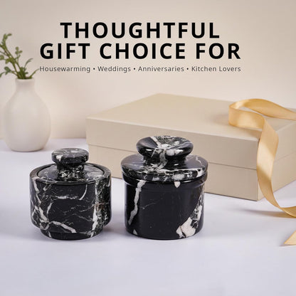 Marble Butter Keeper and Salt Cellar Set, Black Zebra Marble Kitchen Counter Containers for Butter, Seasoning & Condiments, Home & Kitchen Décor
