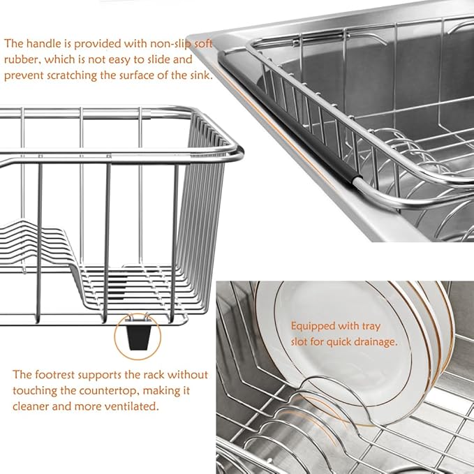 NiuYichee Stainless Steel Dish Drying Rack(15"L X 12.6"W X 4.7"H), Expandable Fruit & Vegetable Drain Rack over Sink, Dish Drainer Rack in Sink, with Stainless Steel Utensil Holder & Silicone Mat(16")