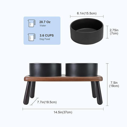 SPUNKYJUNKY Ceramic Elevated Dog Bowls Raised with Acacia Bamboo Wooden Stand, 6.1'' Dog and Cat Food Water Bowls Set Non-Slip for Small Medium Sized Breed Microwave Dishwasher Safe - 28.7 OZ,Black