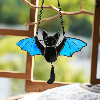 EPOGIFTS Black Cat Decor Stained Glass Suncatcher,Halloween Bat Cat Decor for Party,Cute Cats Gifts for Cats Lover Stained Glass Window Hanging,Halloween Ornament for Balcony,Yard