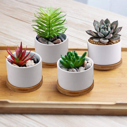 ZOUTOG Succulent Pots, White Mini 3.15 inch Ceramic Flower Planter Pot with Bamboo Tray, 2.5 inch Square Pattern Ceramic Planters, Plants Not Included