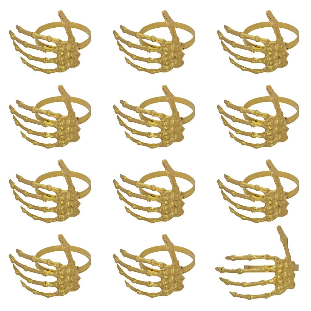 Skull Napkin Rings Set of 12, Gold Skeleton Claw Napkin Ring Metal Holder for Decorative Halloween Cloth Napkins, Home Birthday Daily Party Table Favors Supplies Bar Dinning Cloth Decor