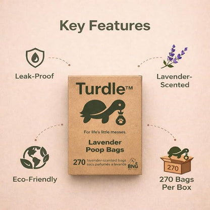 Turdle Dog Poop Bags Rolls, Certified Compostable Poop Bags for Dogs, Extra Thick Leak-Proof, BPI Certified (ASTM D6400), Lavender Scented, Plant-Based, 270 Count