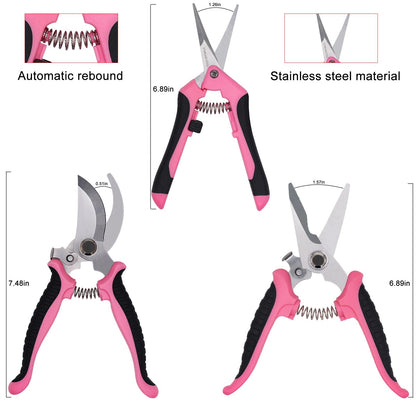 Pruning Shears Gardening Scissors Tools: 3pcs Outdoors&Indoor Garden Clippers, Rose Snips, Plant Clippers, Wood Pruner, Gardener Work Accessories for Flower Arrangement, Yard Landscaping (Pink)