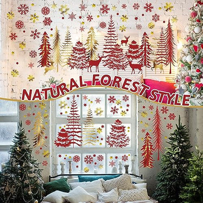 Teling 8 Pieces Winter Snowflake Wall Decals Stickers Dreamy Nursery Forest Woodland Trees Deer Pine Tree Wall Decals for Kids Room Winter Decor(Red, Gold)