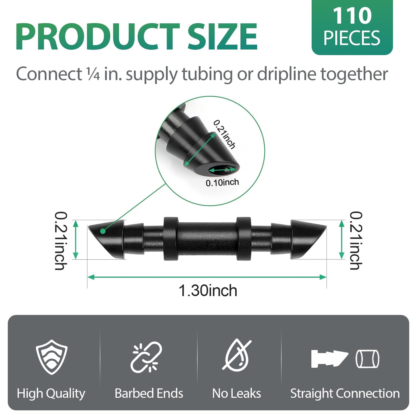 RedChili Drip Irrigation Universal 1/4" Barbed Coupling Fitting, 110 Pieces Drip System Parts Double Barbed Coupler Connectors Fits 1/4-Inch Drip Tubing Irrigation for Drip Line Connection