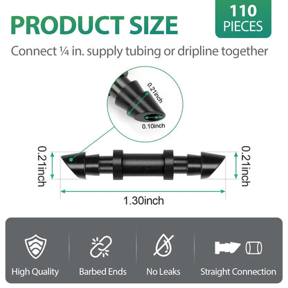 RedChili Drip Irrigation Universal 1/4" Barbed Coupling Fitting, 110 Pieces Drip System Parts Double Barbed Coupler Connectors Fits 1/4-Inch Drip Tubing Irrigation for Drip Line Connection
