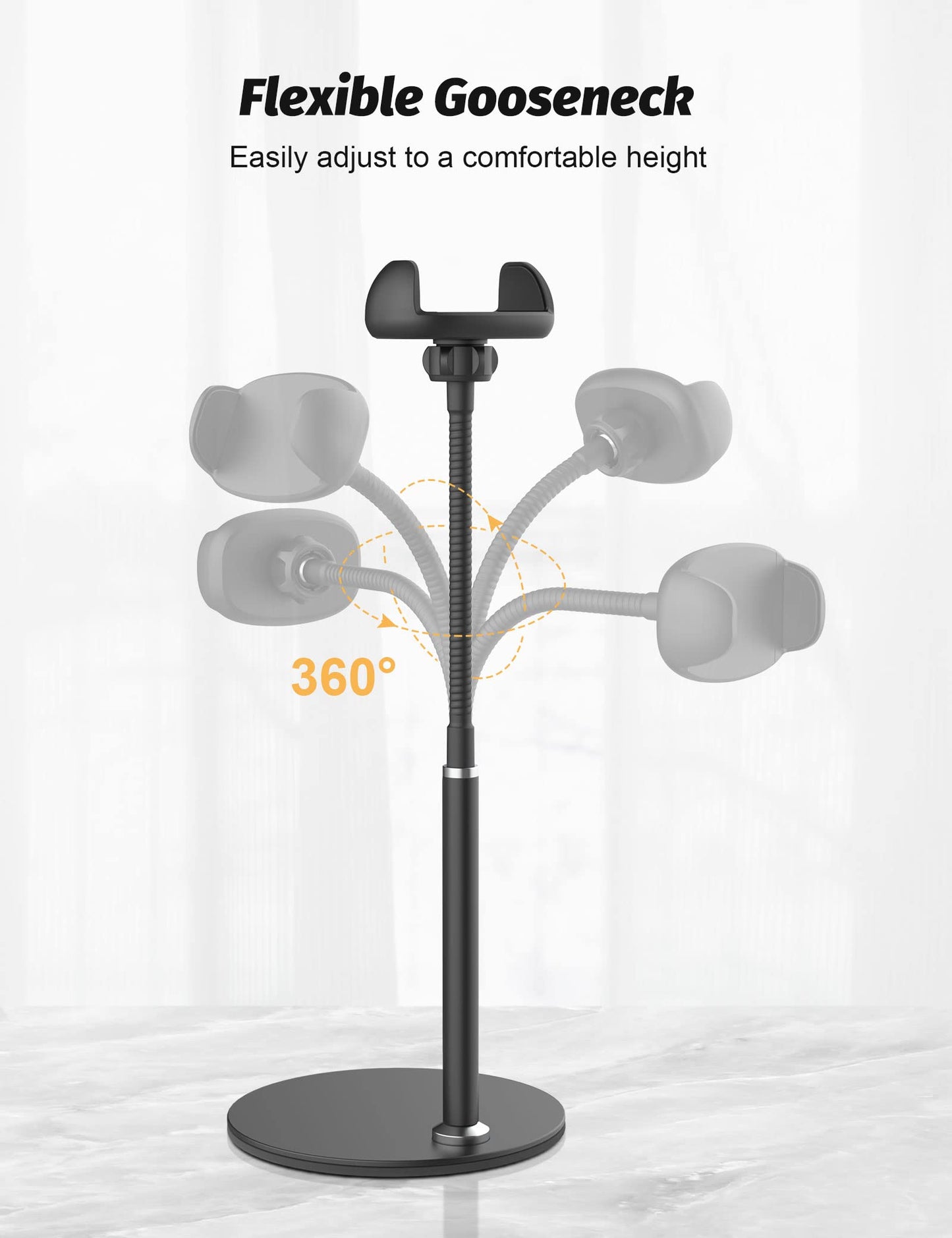 Cell Phone Stand, Adjustable Height & Angle Gooseneck Stand for Desk Flexible Arm Universal Holder, Aluminum Alloy Desktop Recording Compatible with 3.5"-7" Device (Black)