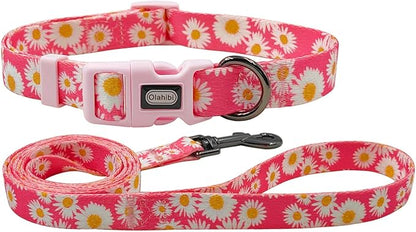 Dog Collar and Leash Set, Cute Pink Daisy Pattern, Polyester Material, 5ft Leash, for Large Dogs.(Large, Pink Daisy)