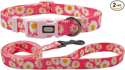Dog Collar and Leash Set, Cute Pink Daisy Pattern, Polyester Material, 5ft Leash, for Medium Dogs.(Medium,Pink Daisy)