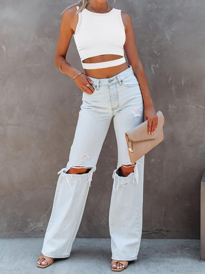 ANRABESS Women Tank Tops High Neck Sleeveless Sexy Cutout Racer Back Going Out Crop Tops Shirts Summer Y2K Outfits White Small