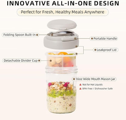 UWILLION Overnight Oats Containers with Handles, 16 oz Glass Mason Jars with Lids, Folding Spoons & Topping Compartments, Yogurt Parfait Cups for Meal Prep, Chia Pudding, Breakfast to Go, 2 Pack