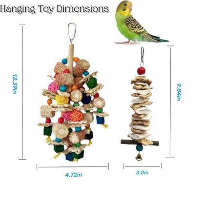 Bird Parrot Toys for Cage, 2 Pack Chew Toys with Corn Cob, Cuttlebone & Colorful Blocks for Small to Medium Parrots Like Parakeets, Conures, Cockatiels (Colorful Toy + Cuttlefish Bone)