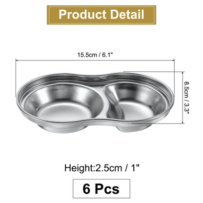 uxcell 6 Pack Stainless Steel Dish Dipping Bowls with 2 Round Compartment Divided, Metal Seasoning Plate Dipping Bowl for Condiment Home Party Restaurant Picnic Travel, Silver