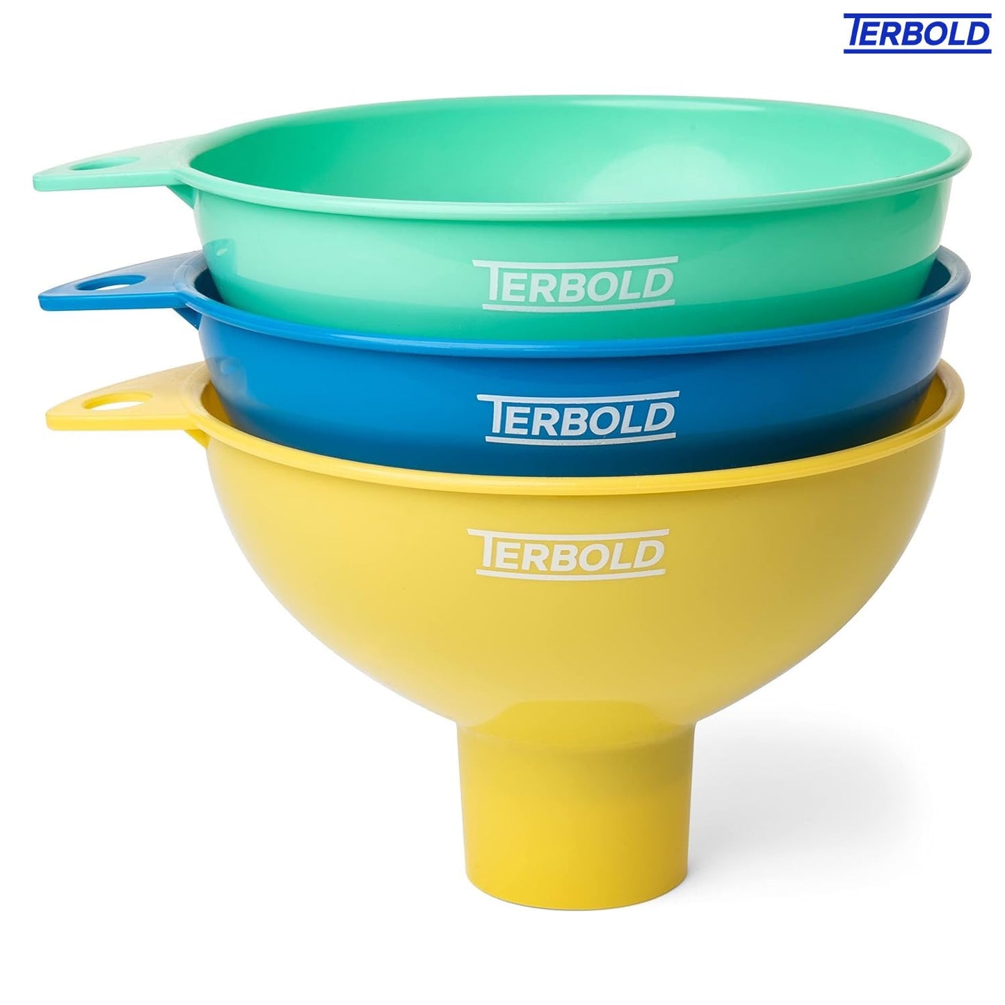 Terbold 3pc Wide Mouth Canning Funnels for Filling Bottles and Mason Jars | Large Spout Quick Fill Food Grade Plastic Funnels for Kitchen Use (Blue, Green, Yellow)