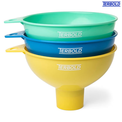 Terbold 3pc Wide Mouth Canning Funnels for Filling Bottles and Mason Jars | Large Spout Quick Fill Food Grade Plastic Funnels for Kitchen Use (Blue, Green, Yellow)