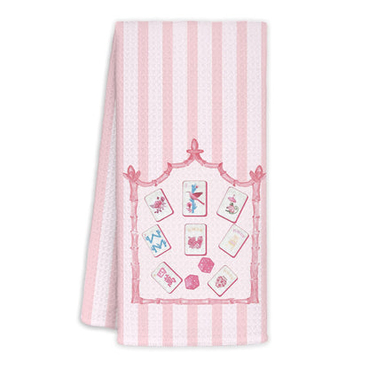 MOLYUB Pink Chinoiserie Stripe Mahjong Tile Kitchen Towels,Gifts for Mahjong Lovers,Mah Jong Decorative Waffle Hand Dish Towels,Chinoiserie Mah Jong Gifts for Women Men,16x24 Inches