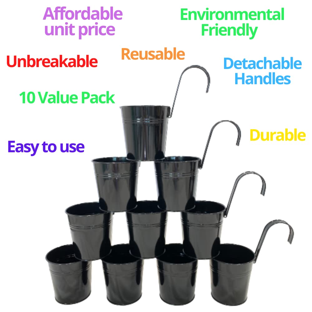 LaLaGreen Railing Planter 10 Pack, 6 Inch Hanging Flower Pot Black, Outdoor Large Metal Iron Fence Bucket, Balcony Garden Wall Deck Porch Patio Rail Decor Hanger Hook Farmhouse Balcony 6'''' (15cm)