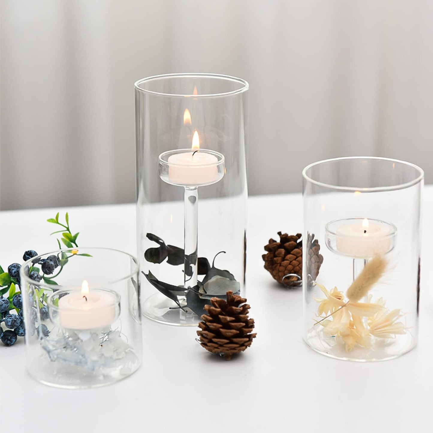 YLSMILE Cylinder Hurricane Glass Candle Holder for Table Centerpieces, Clear Votive Candle Holders for Wedding Parties, Decorative Candleholders for Home Dining Room Decorations (Set of 3)