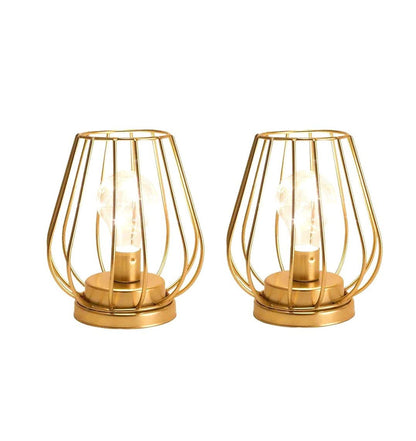 TRIROCKS Set of 2 Metal Battery Operated Lamp 7'' Tall Mini Cage Shape Cordless Table Lamp Battery Lanterns with Warm Fairy Lights Bulb for Patio Garden Wedding Parties Indoor Outdoor(Gold)