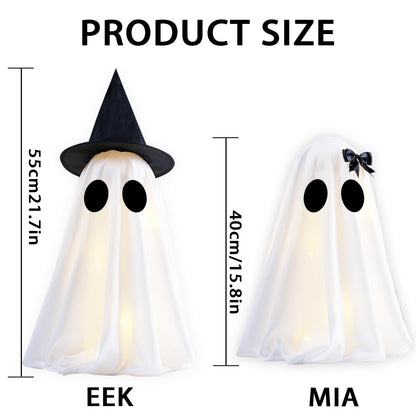 KIWDY [Timer] Light Up Halloween Scary Ghost Decorations, Set of 2 DIY Spooky Crafts for Indoor Home Mantel Shelf & Tabletop Decor White