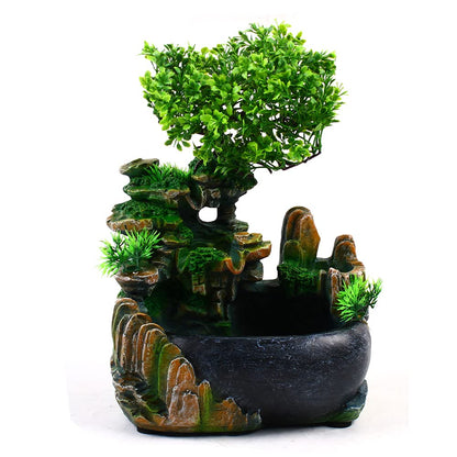 Desktop Fountain Waterfall with Light Rockery Fountain Zen Meditation Plants Stones LED Lamp Indoor Feature with Automatic Pump Relaxation Resin Planter for Office Decoration