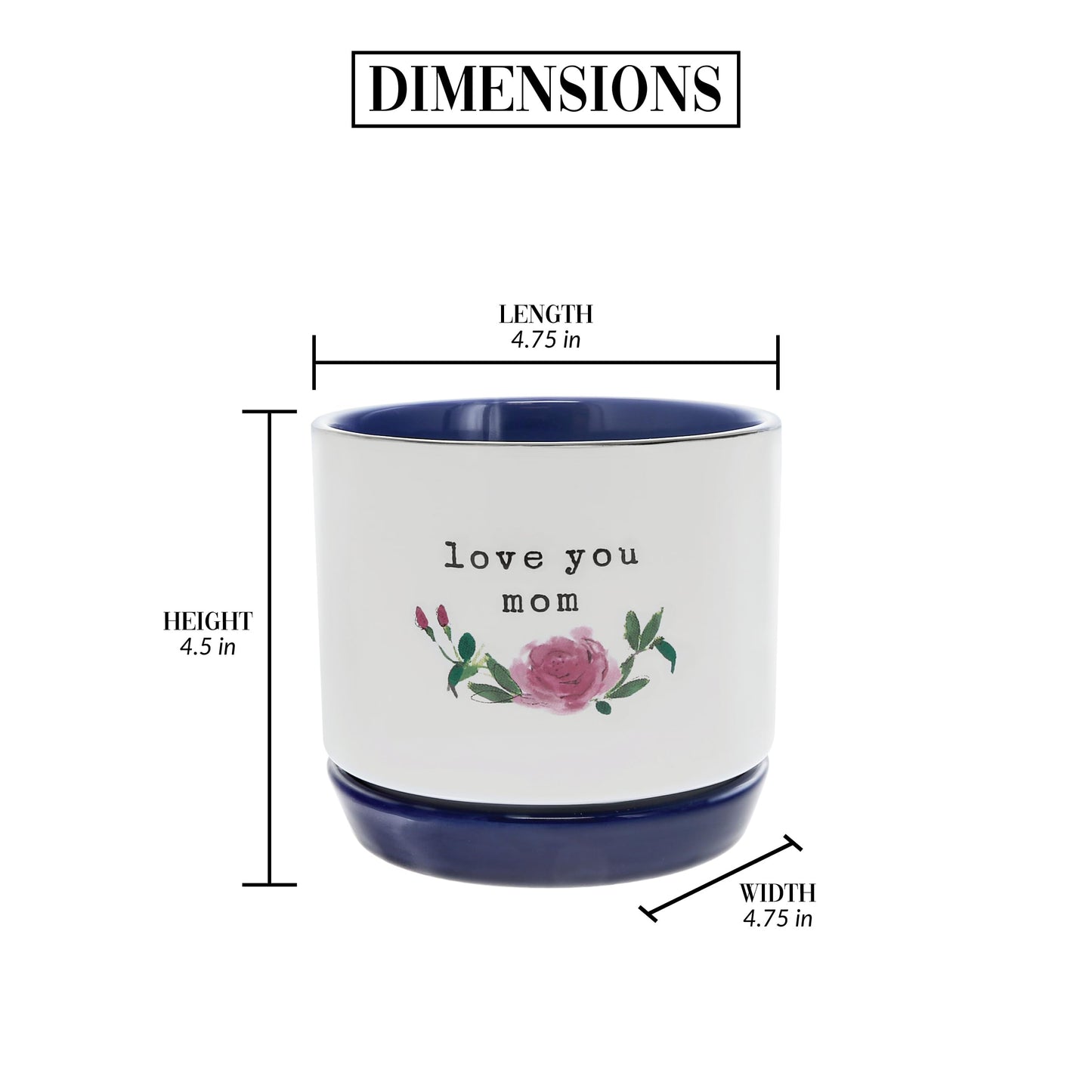Pavilion Gift Company - Mom - Planter with Attached Dish, Ceramic Planter with Drainage Hole, Succulent Orchid Flower Pot, Unique, 1 Count (Pack of 1), 4.75 x 4.25 inches