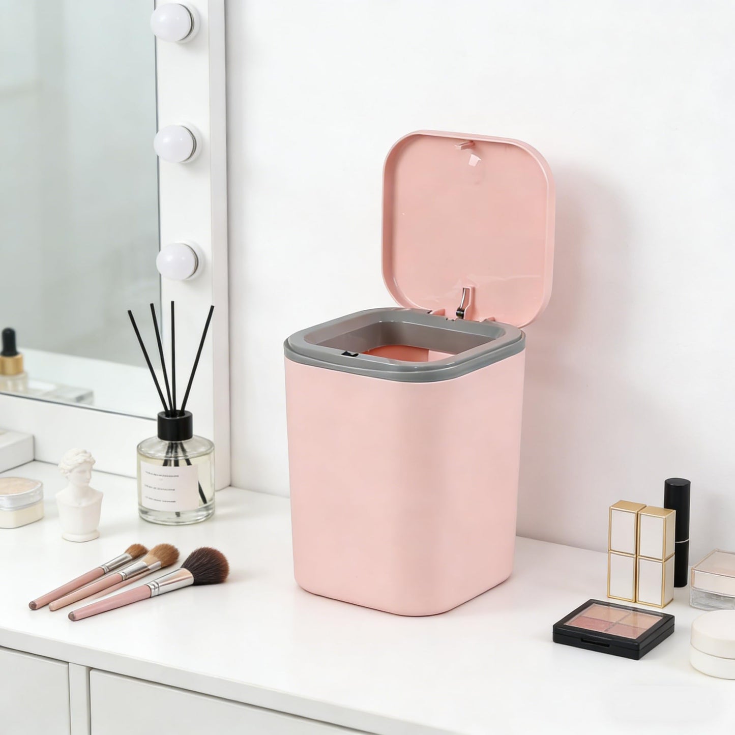 Yesdate Mini Desk Trash Can Press Type Lid, 2 L/0.5 Gallon Tiny Countertop Waste Basket, Plastic Covered Garbage Bin for Desk Top, Pink