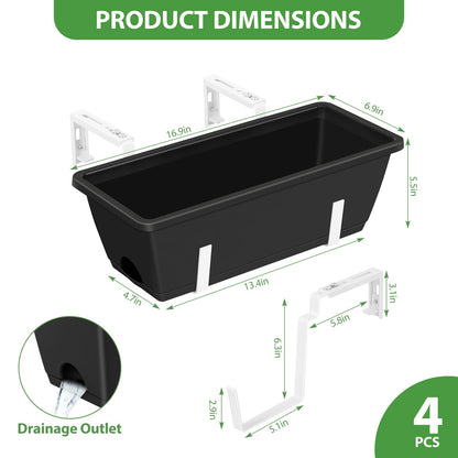 OYEAL Railing Planter Box Outdoor 4 Pack Hanging Balcony Planters 17 Inch Window Boxes Planter with Adjustable Brackets Plastic Flower Pots for Garden Deck Porch Railing Balcony Fence, Black & White