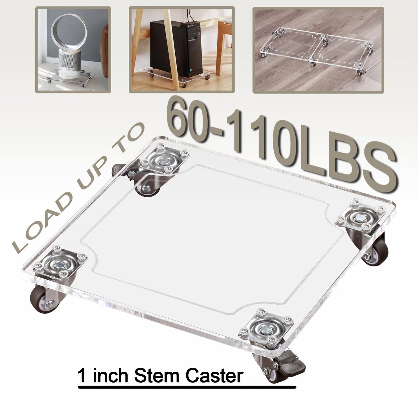 EMCOMS 1PC Transparent Clear Color Plant Caddy 10x10 inch Acrylic Heavy Duty Square Plant Stand with 2 Roller Lockable Caster Wheels,Indoor Outdoor Holds Up 150 Lbs Patio/Flower Pot/Dolly